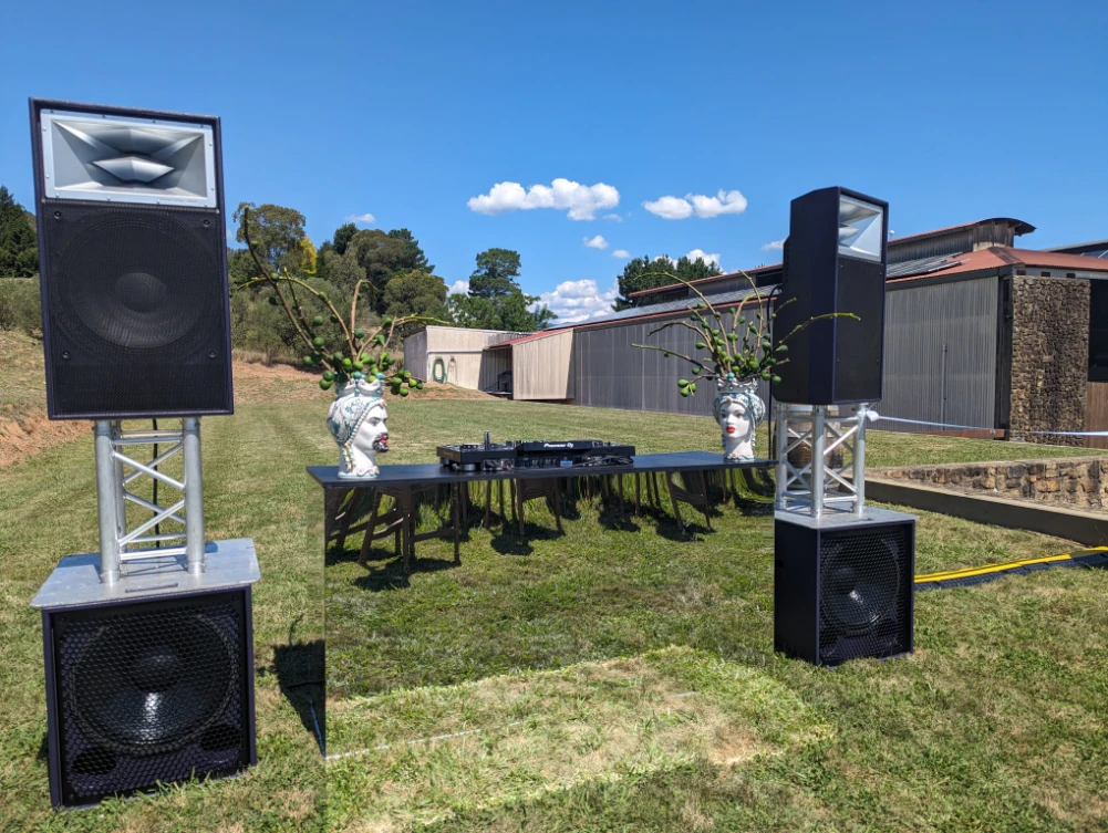 Funktion One speakers set up outdoors at a wedding